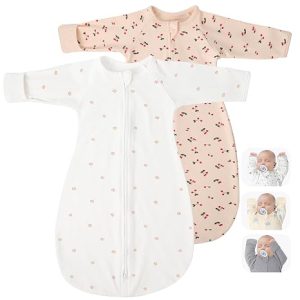 2 Pack Transitional Baby Swadding Sacks with Arms Up Length Sleeves & Mitten Cuffs, Sleeping Sack Bag 2 Ways Zipper, Wearable Swaddle Blanket for Newborns Baby Snug Fit Calms Startle Reflex