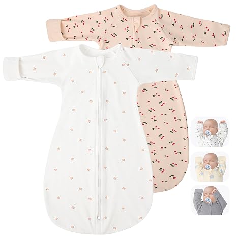 2 Pack Transitional Baby Swadding Sacks with Arms Up Length Sleeves & Mitten Cuffs, Sleeping Sack Bag 2 Ways Zipper, Wearable Swaddle Blanket for Newborns Baby Snug Fit Calms Startle Reflex