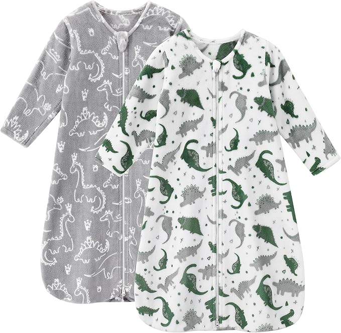 Unnivoll Fleece Baby Sleep Sack 6-12 Months Long Sleeve 2.0 Tog Baby Wearable Blanket with 2-Way Zipper Warm Sleeping Sack for Toddler Infant Newborn - Medium Grey White Dinosaur